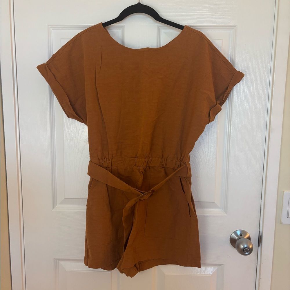 Final Touch Rust Short Sleeve Romper With Belt - image 1